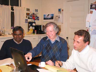 Kitchen Cabinet: Rajan Hoole, Arthur, and Christian Jäkel working in Arthur's kitchen on February 25, 2005